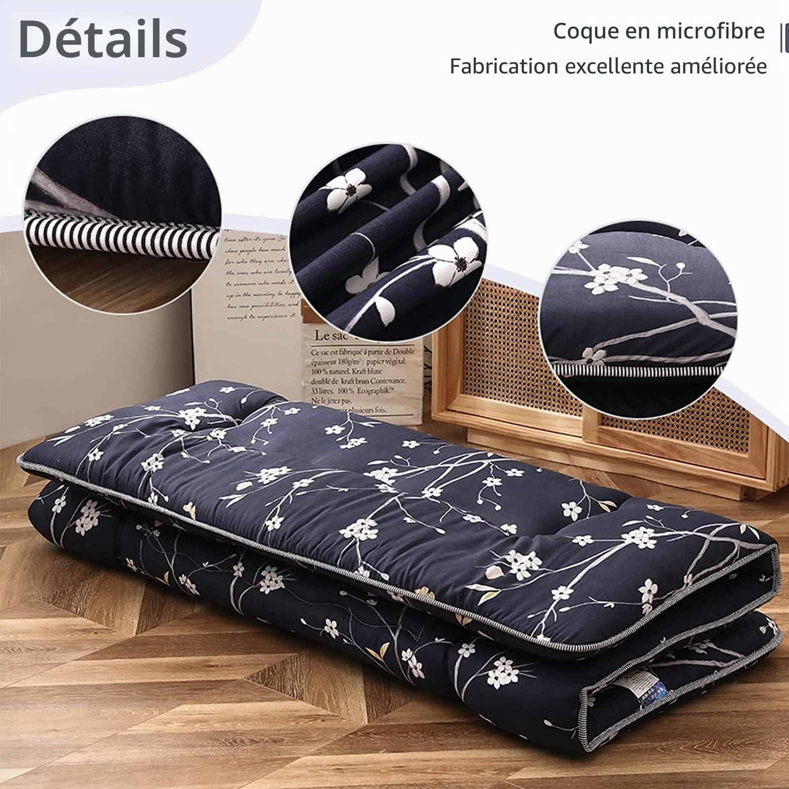 MAXYOYO Matelas de sol japonais bleu marine imprimé floral futon pliable pliable pour le camping