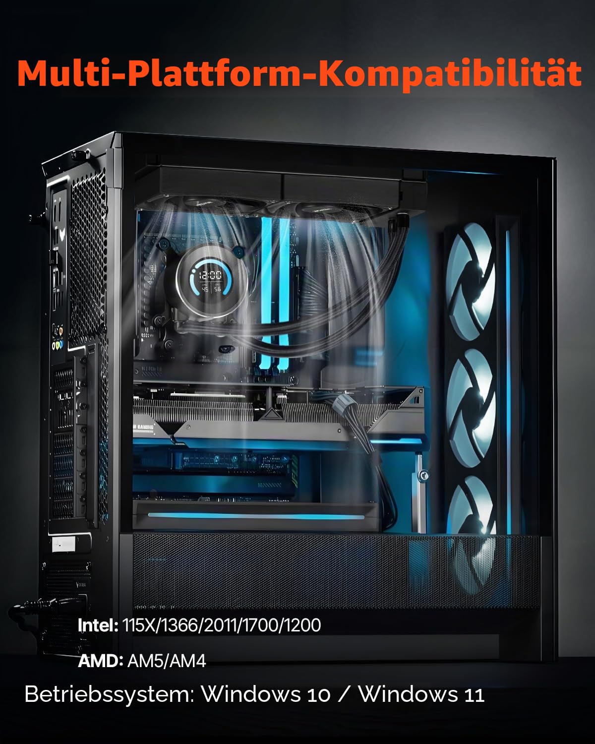 VEVOR Flüssigkeitskühler, AIO-CPU-Wasserkühler, 120-mm-PWN-Lüfter, 4,6 cm Display, max. 2200 U/min CPU-Kühlerlüfter, PC-Wasserkühlung für Intel 115X/1366/2011/1700/1200, AMD AM4/AM5