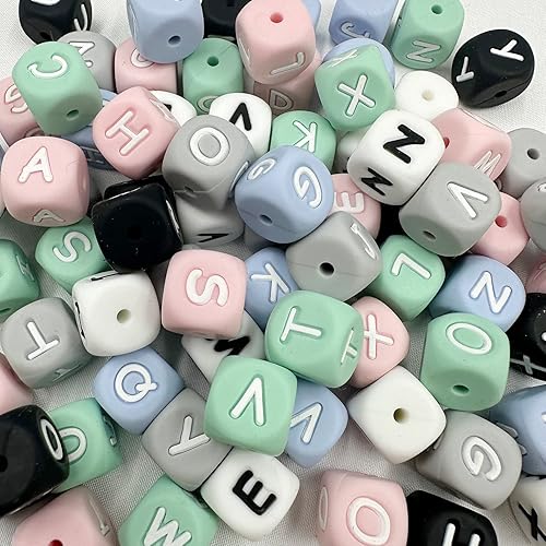 Miniatura 2 de Alfabeto de silicona con 26 cuentas de letras de 0.472 in, 78 cuentas sueltas de silicona con letras de colores mixtos para bricolaje collar pulsera