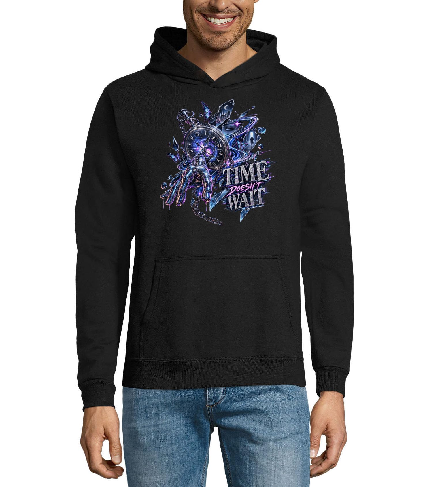 Surrealistyczna ilustracja czasu i przestrzeni unisex mieszanka bawełny bluza z kapturem bluza z kapturem czarna