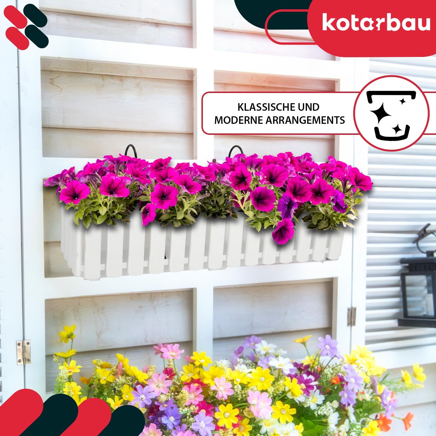 KOTARBAU® 6 uds Maceta - Jardinera Exterior - Macetero Autorriego - Macetas Plástico - 58 x 18 x 16 cm - Blanco - Maceta Colgante - Jardinera Balcon - Macetas para Colgar