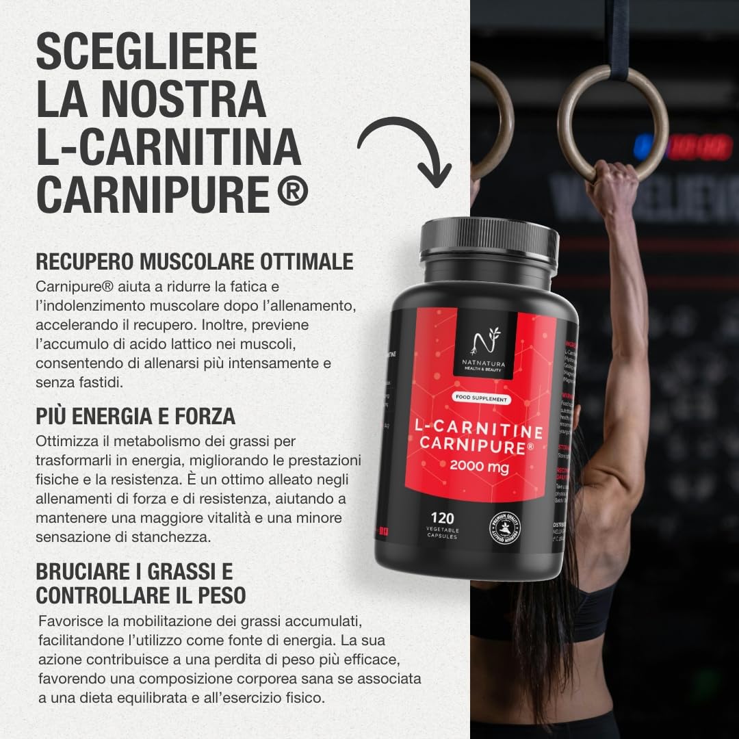 L-Carnitina Carnipure® 2000 mg/giorno | Formula svizzera ultra pura | Energia, Resistenza e Recupero muscolare | Vegano | 120 capsule vegetali