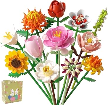 Flower Bouque Building Set, 12 Artificial Flowers Mini Bricks Blocks Toy for Adults & Kids, DIY Botanical Collection for Party Favors Home Decor