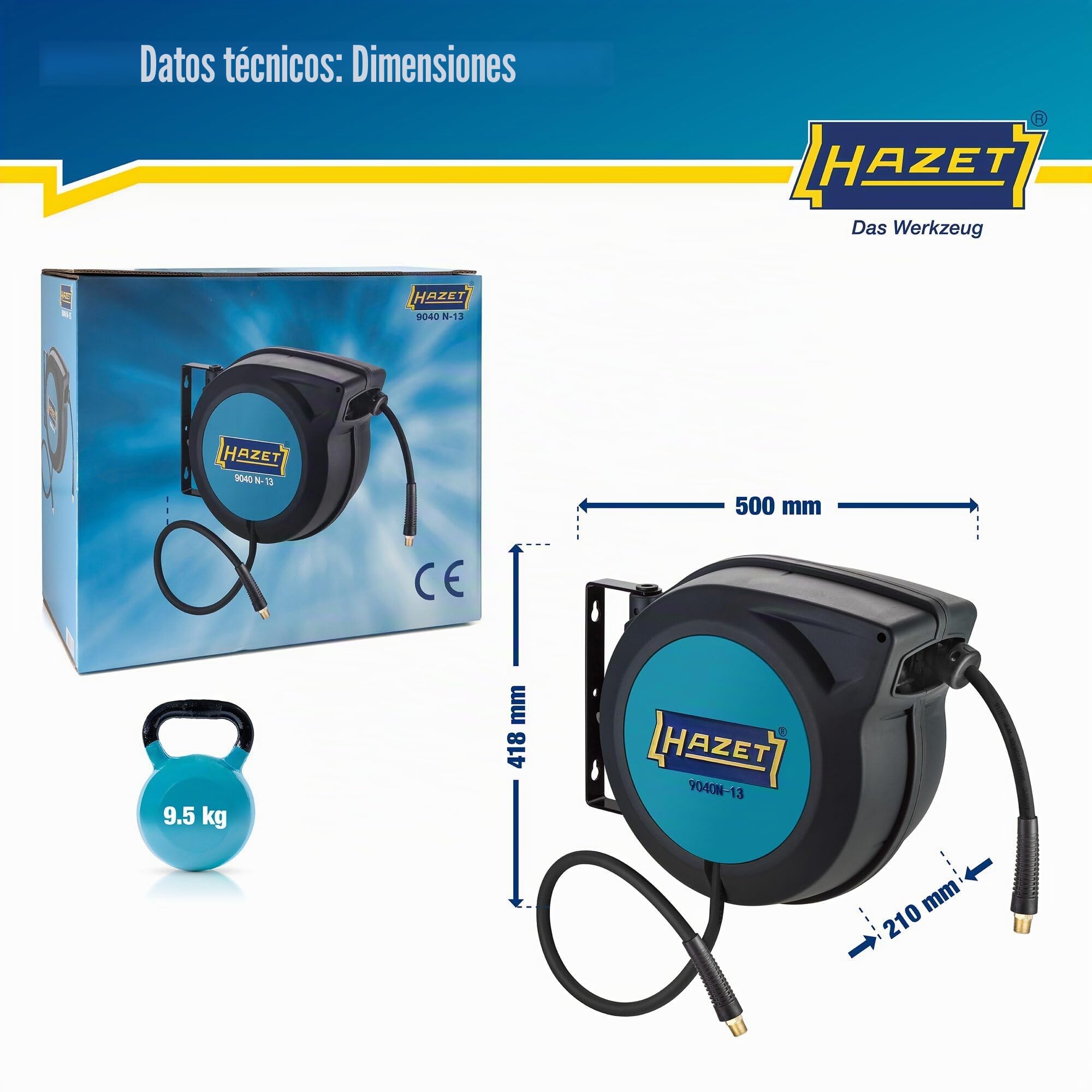 Enrollador de mangueras HAZET 9040N-13 I Longitud de la manguera 15 m, diámetro interior: 13 mm, presión: 20 bar para aire comprimido y agua I Enrollador de mangueras de aire comprimido