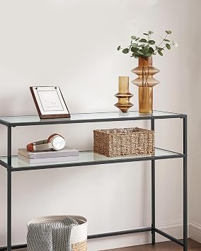 VASAGLE 39.4 Inch Console Sofa Table, Modern Entryway Table, Tempered Glass Table, Metal Frame, 2 Shelves, Adjustable Feet, for Living Room, Hallway, Black ULGT025B01