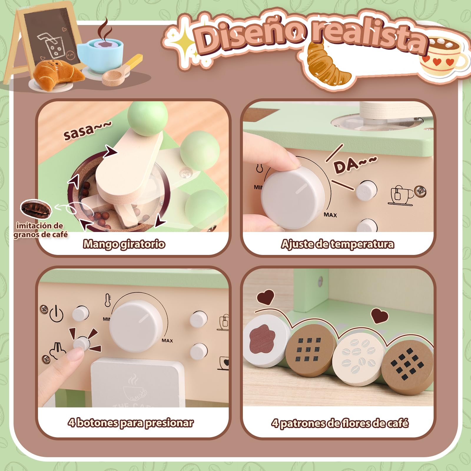 VBACALA Set de Juguetes de Cocina para Niños, Máquina de Café de Madera con Sonido y Botones, Accesorios de Cocina para Niños, Pastel y Croissant de Tela, Regalo Adecuado para 3+ años