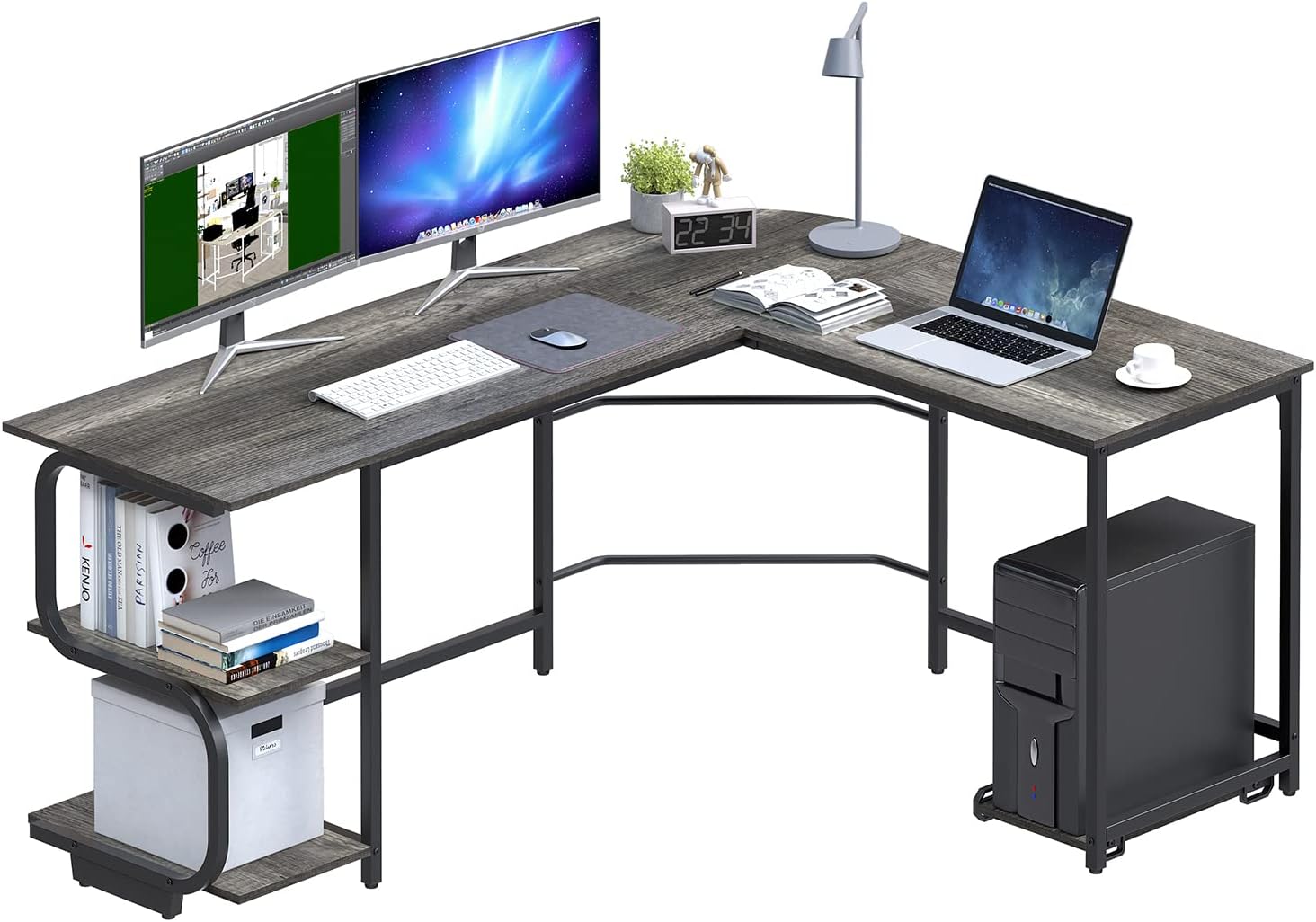 Ulifance L Shape Desk with Shelves Reversible Round Corner Computer