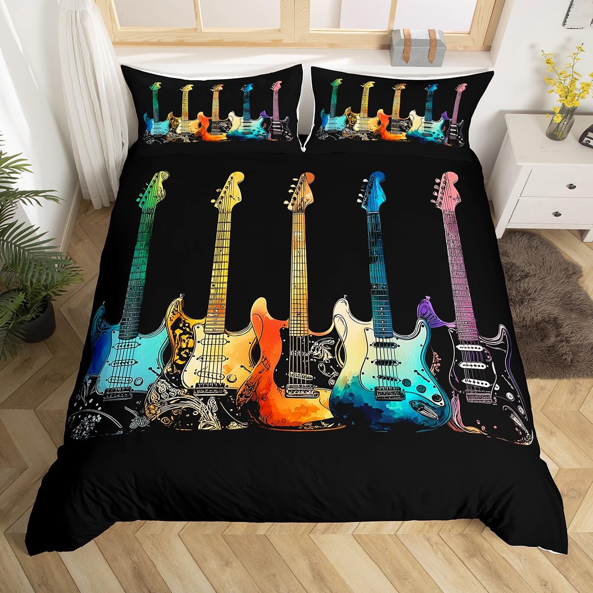 Set di biancheria da letto super king size con stampa di chitarra, set copripiumino colorato a tema musica rock, per appassionati di musica, per bambini e ragazzi, stile hip hop, a righe, con 2 federe