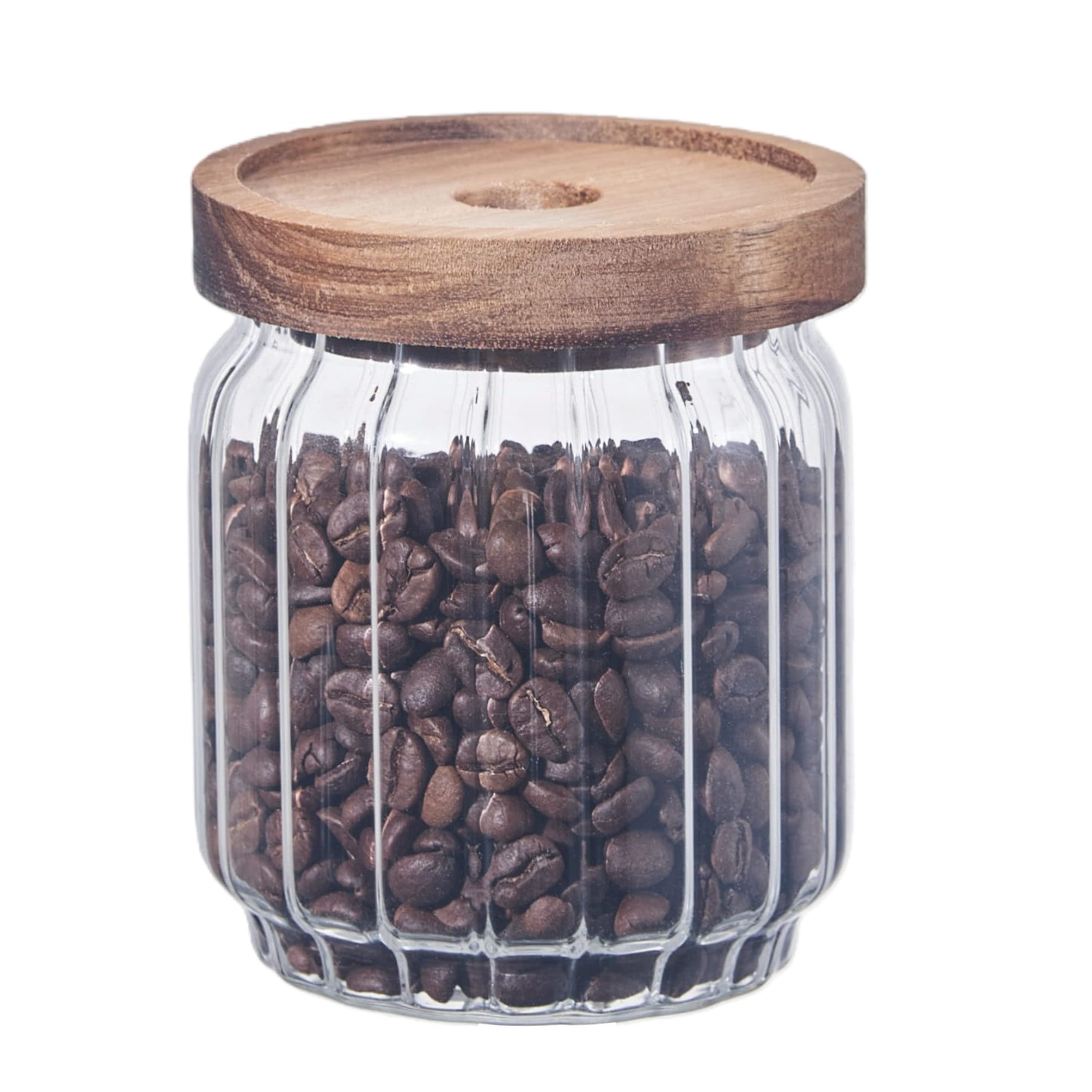 Eden & Willow Transparent Ribbed Airtight Glass Kitchen Storage Jar With Acacia Wooden Lid - Pantry Organisation Canisters For Coffee, Tea, Sugar, Flour, Pasta, Spices, Grains, Oats (1, 450Ml)
