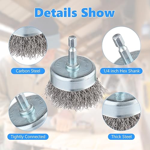 Miniatura 12 de Rocaris Juego de 6 ruedas de alambre de acero al carbono y cepillo para bolígrafo con vástago hexagonal de 1/4 pulgadas para eliminar el óxido