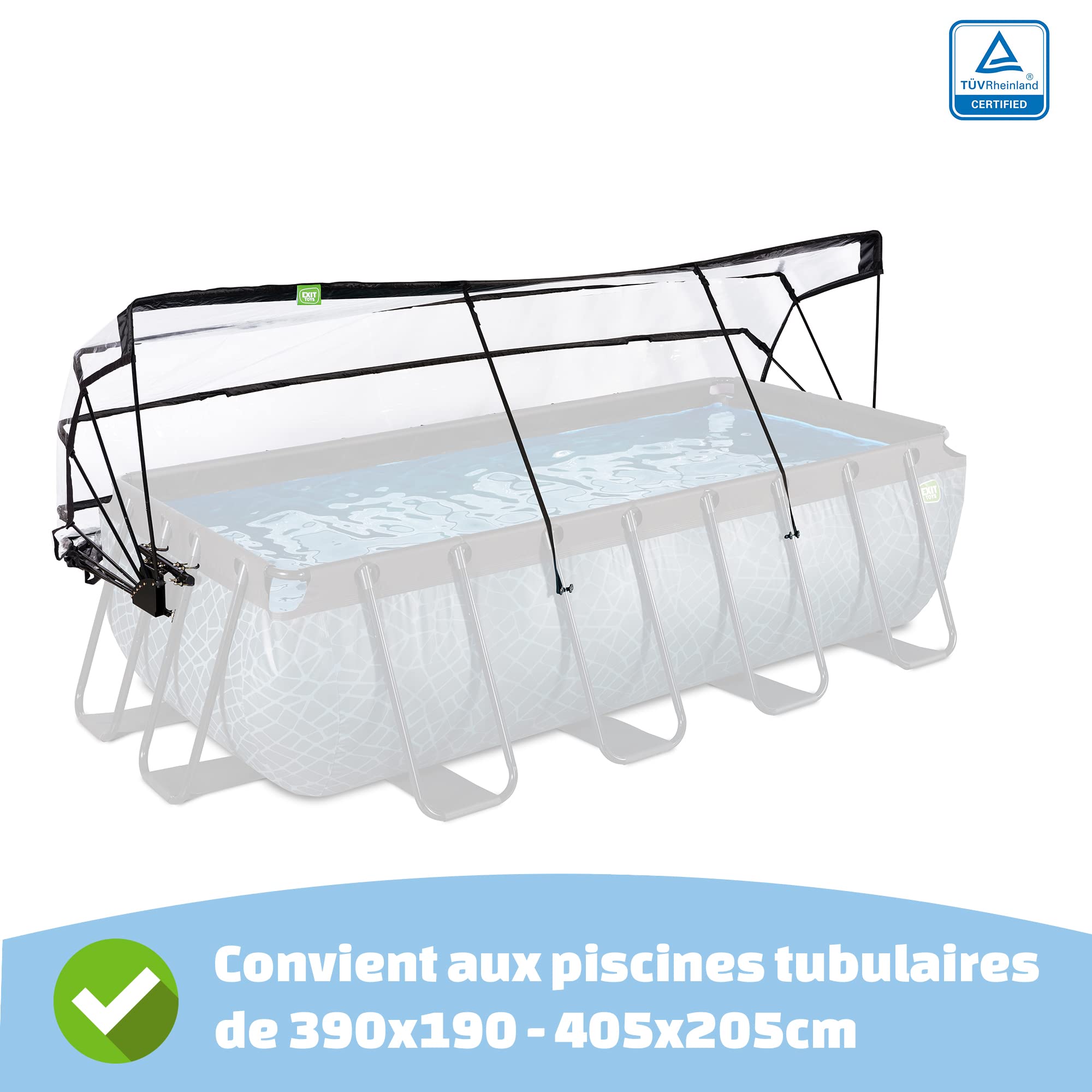 EXIT Toys Dôme Piscine Hors Sol Rectangulaire 400 x 200 cm Universel – pour Piscines Tubulaires 390–405 x 190–205 cm – Abri Pliable avec Set de Connexion – Transparent