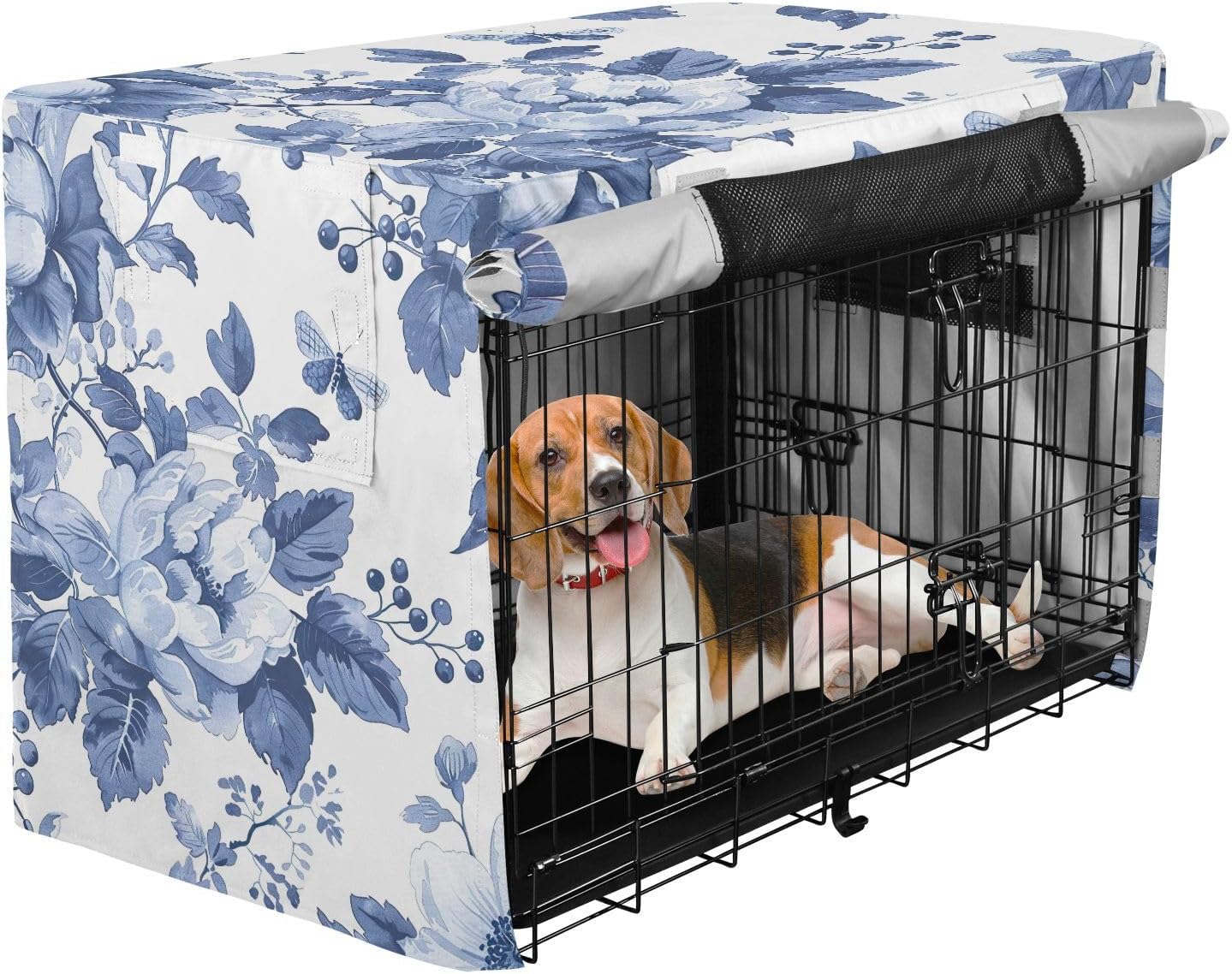 Blue and White Floral Dog Crate Covers S-XL Wind-Resistant Pet Crate Cover with Roll-up Sides, Reduces Barking, Large