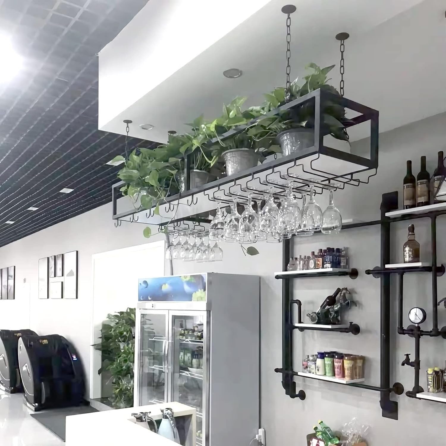 Amazon.com: Ceiling Wine Glass Rack With Shelf - Hanging Solid Wood ...