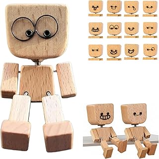 Shaking Wooden Man Figurine,Charming Little Wooden Figure That Sways with 12PCS Magnetic Expressions,Portable Handmade Car Ornament Desktop Decor,Creative Gift