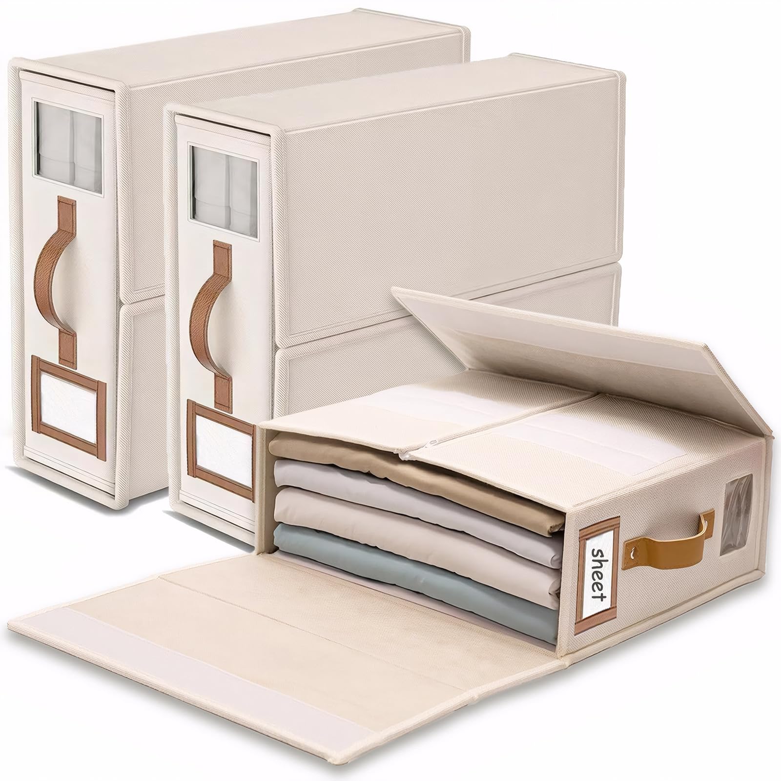 SwartLife Organizador de Ropa de Cama de Lino - Pack de 3 Plegable, Transpirable con Ventana Transparente y Etiqueta para Sabanas, Edredones y Toallas- lino