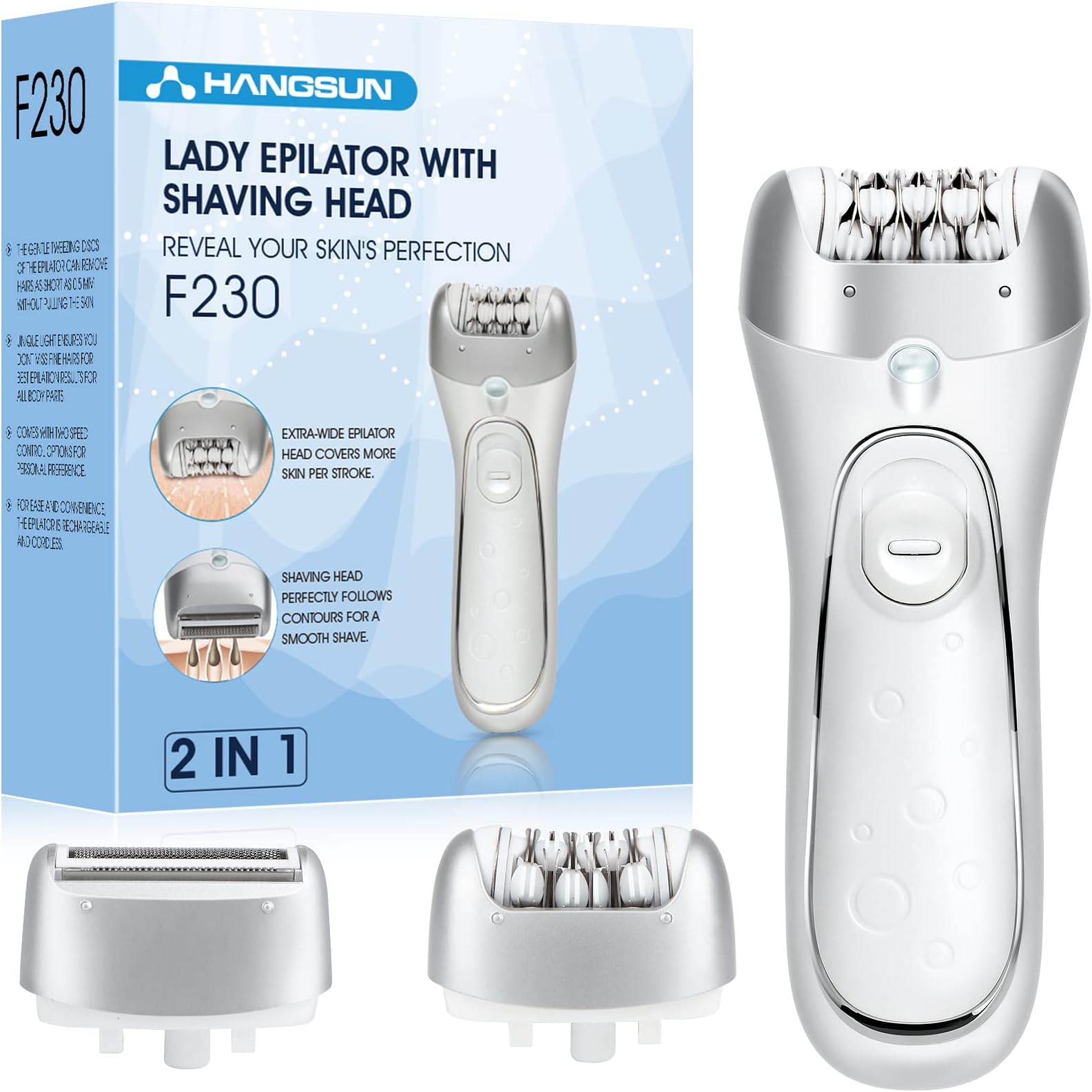 Hangsun Epilators for Women 2 in 1 Cordless Epilator and Electric Lady Shaver F230 Rechargeable Hair Removal Kit for Face, Bikini, Leg, Arms