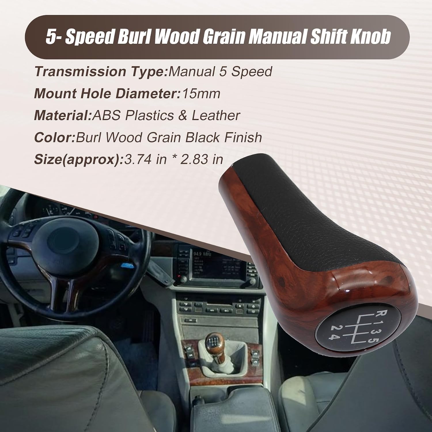 XQSMWF 5 Speed Burl Wood Grain Manual Gear Shift Knob Compatible with BMW E81 E82 E87 E46 E90 E91 E92 E60 E61 E63 X1 E84 X3 E83 X5 E53 E30 E32 E34 E36 E38 E39