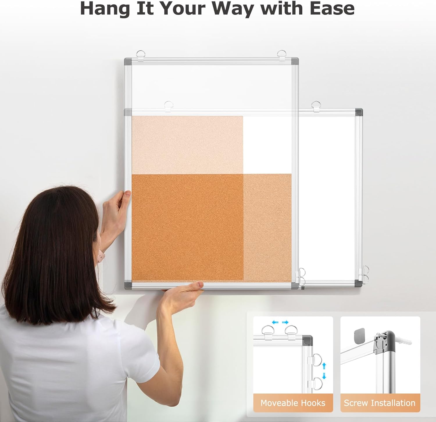 WALGLASS Combination Magnetic Whiteboard & Corkboard, 24"x18" Combo for School, Office & Home, Dry Erase Board with Removable Tray, Pins, Eraser, Markers & Magnets