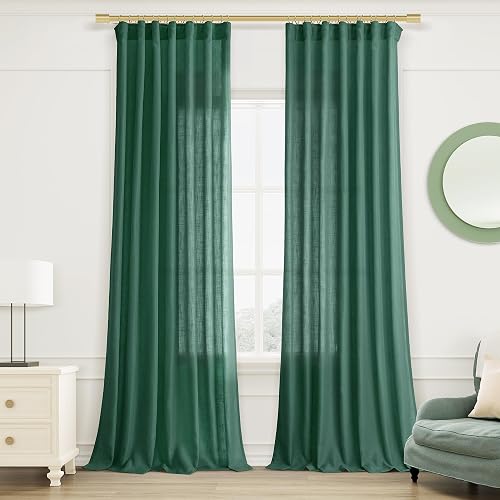 Joywell Linen Curtains 90 Inches Long for Living Room Hook Belt Dark Green