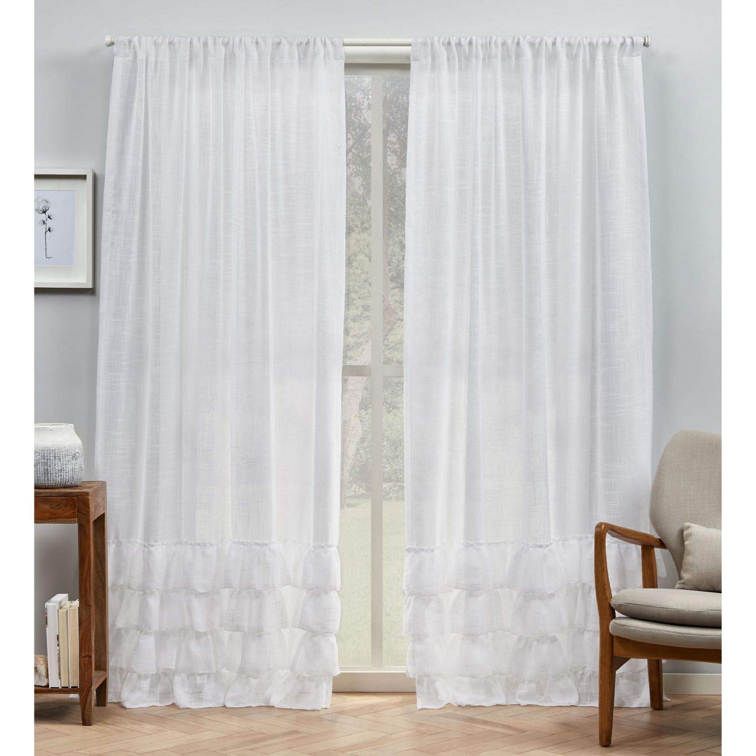Exclusive Home Jacinta Bottom Ruffle Light Filtering Semi-Sheer Rod Pocket Curtain Panel Pair, 54"x84", White, Set of 2