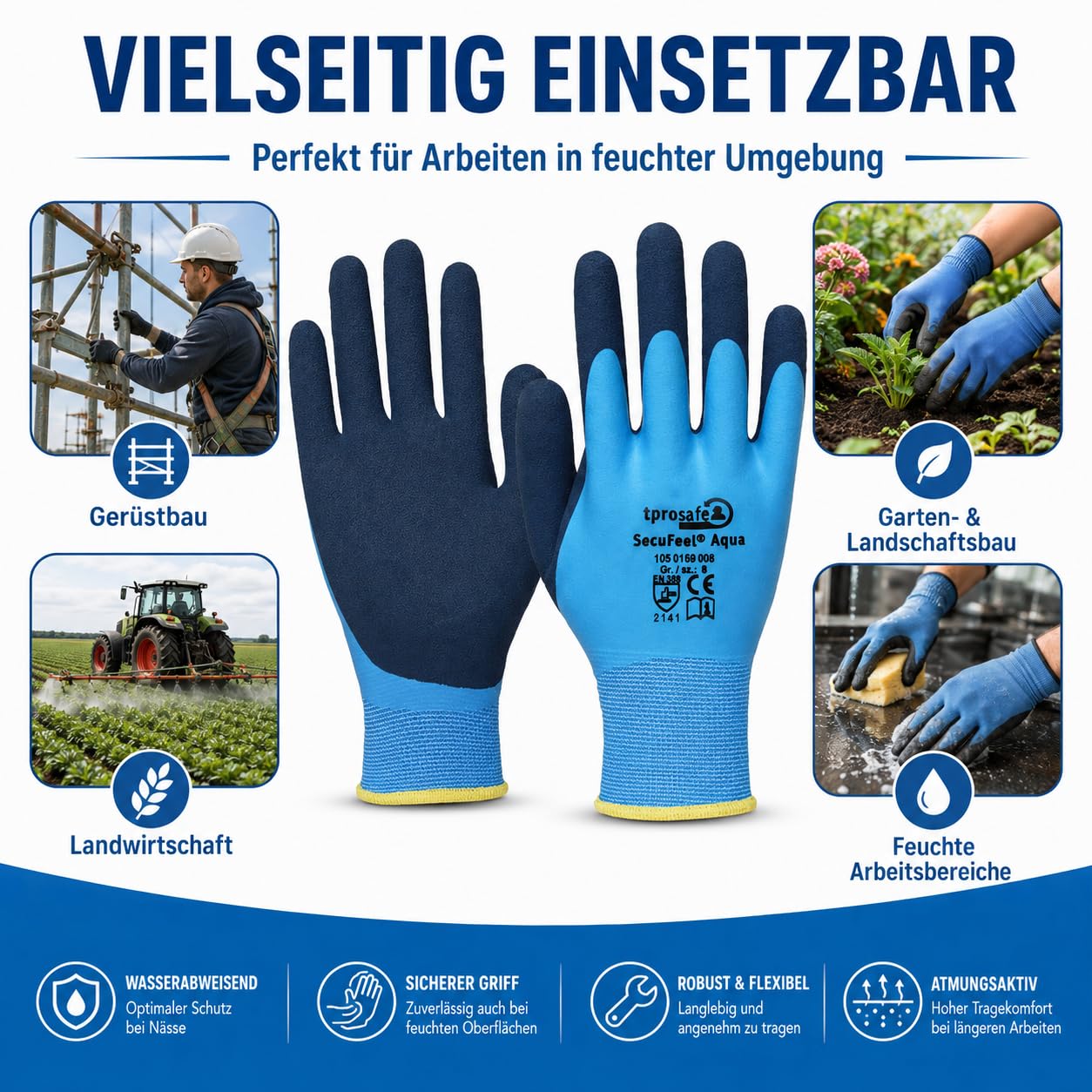 SecuFeel Aqua 12 Paar Arbeitshandschuhe Gr. 11 | Wasserdicht | Nassgriff Feinstrickhandschuhe mit doppelter Latexbeschichtung für Gartenbau, Gerüstbau und Landwirtschaft | CAT II