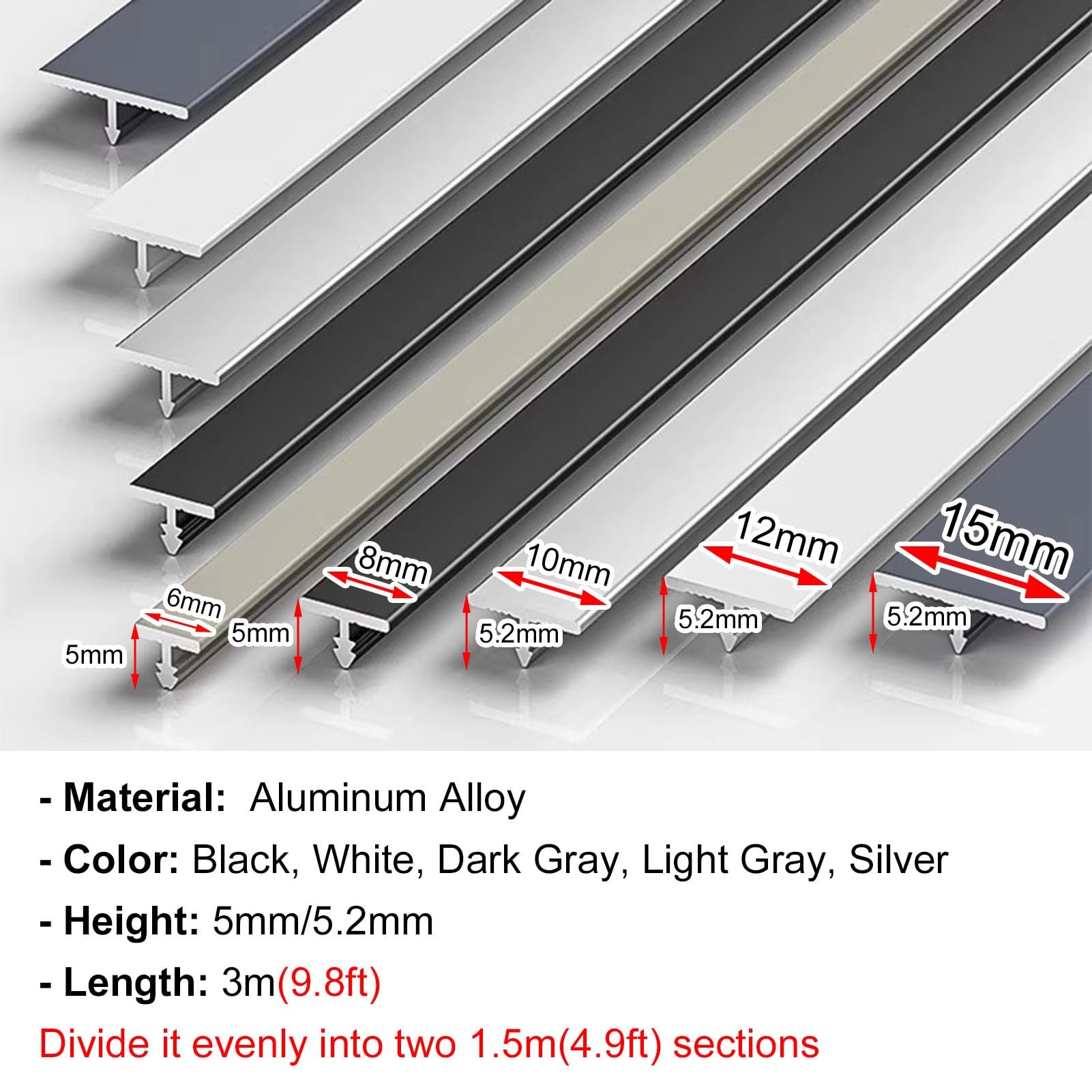 Soglia di Dislivello Pavimento Profilo di Transizione per Soglia Ultra Sottile a Forma di T, 2 Pezzi di Ricambio per La Protezione Della Soglia Della Porta in Metallo(Light Gray,W 15mm)