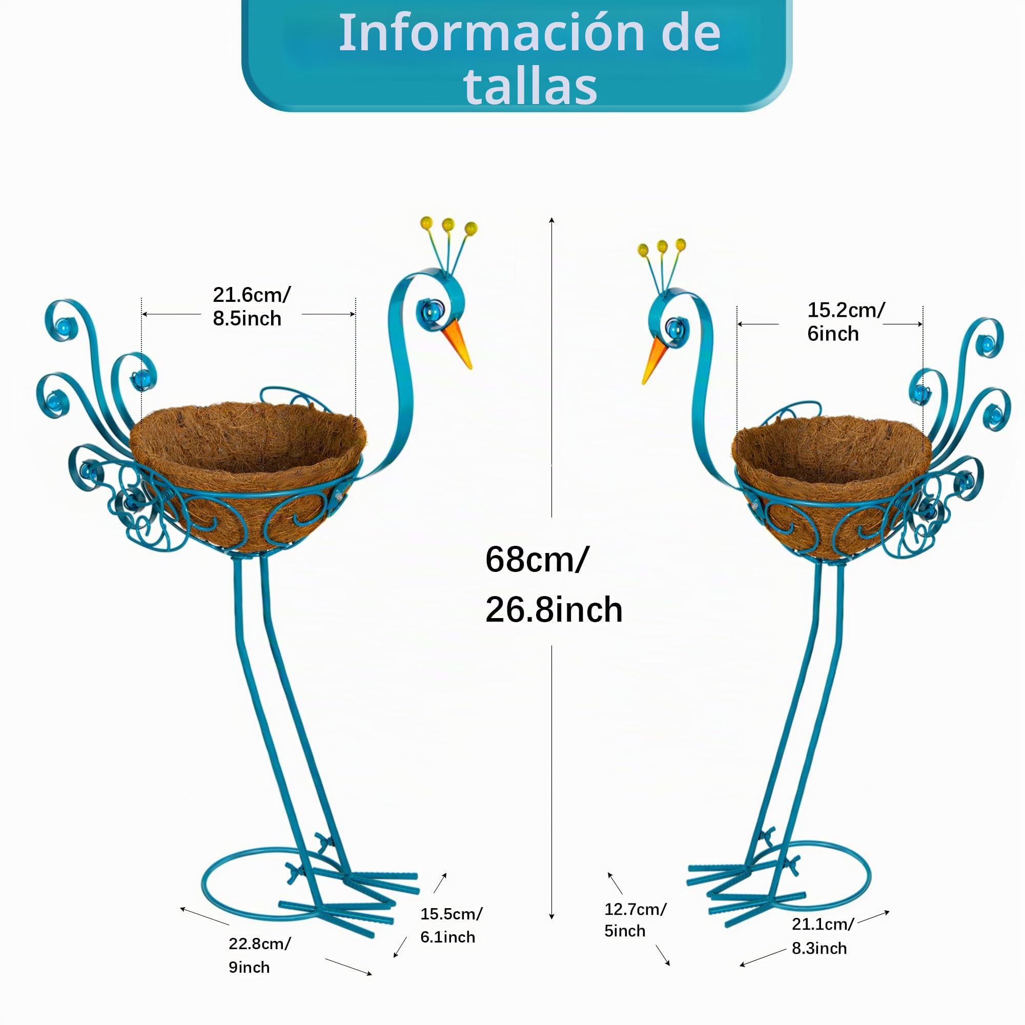 2 macetas de pavo real azul con cesta, jardineras de metal para interior y exterior, decoración de patio