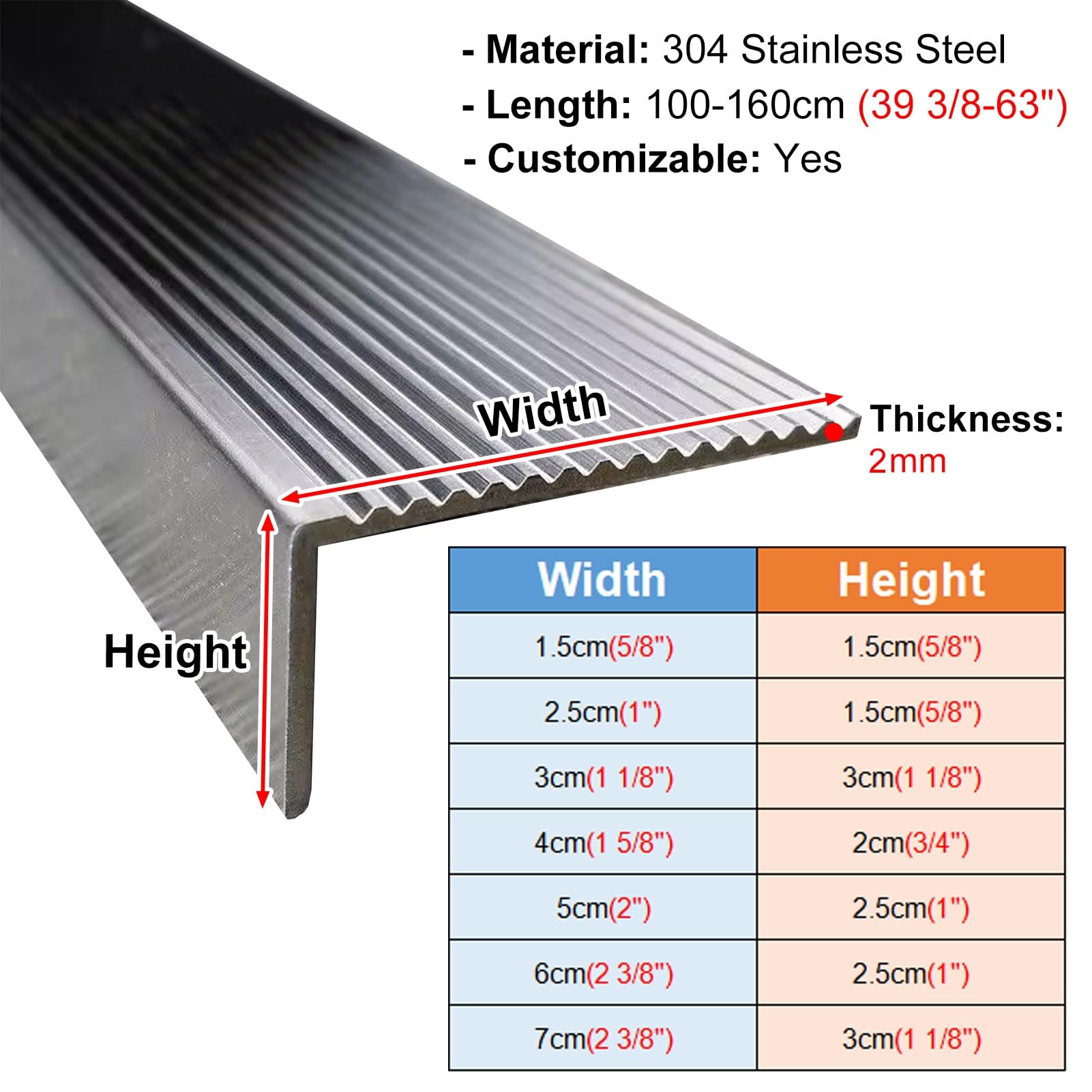 Perfil de Borde Perfil Antideslizante de Acero Inoxidable para Escaleras, Tira de Remate para Escaleras Exteriores, Protector de Bordes de Escalones(L 150cm (59"),W 7cm(2 3/4"))