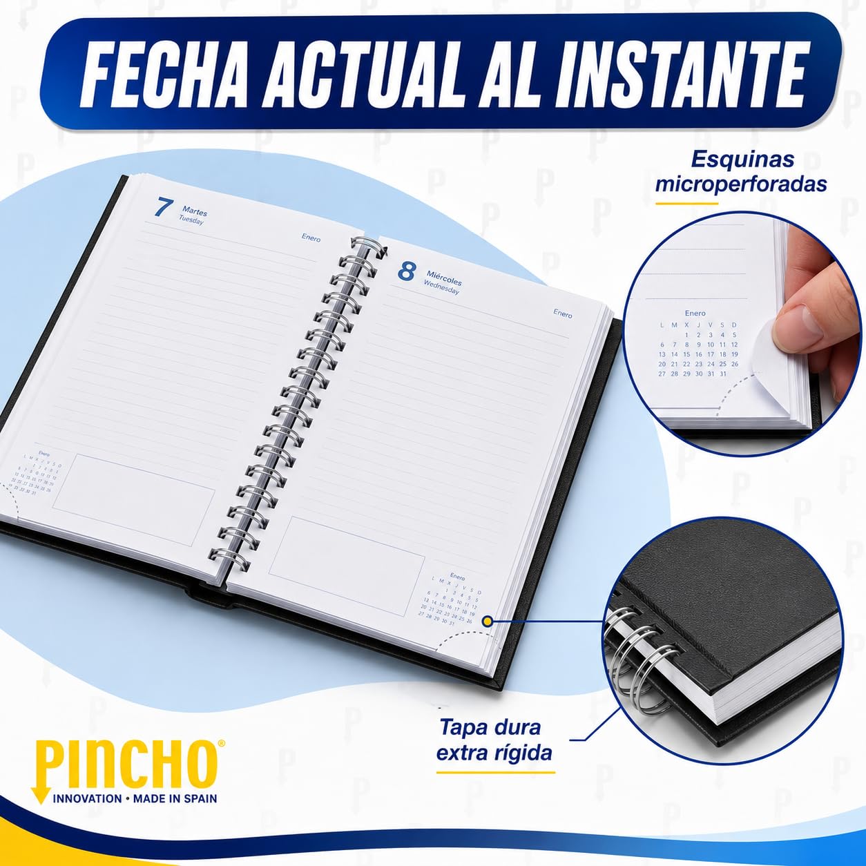 Pincho Agenda annuel 2026 journalier à spirale 24,5 x 19,5 cm, B5 avec couverture rigide, agenda journalier, sab. et dim. même page, calendrier, agenda scolaire (Marino)
