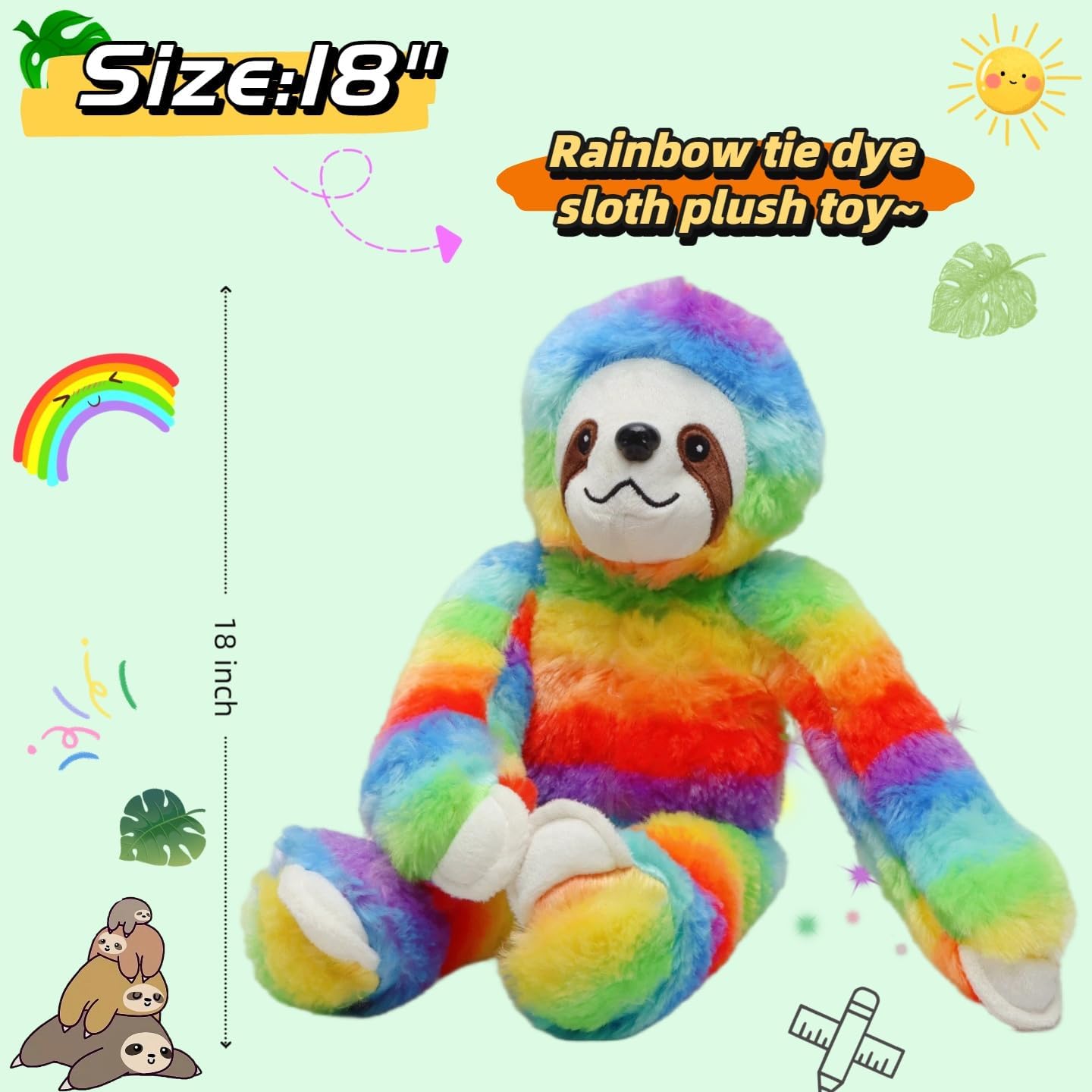 18" Rainbow Tie-Dye Sloth Plush, Kawaii Soft Sloth Stuffed Animal Toy, Cute Cuddly Wildlife Plushie for Kids & Friends, Colorful Room Décor, Birthday Christmas