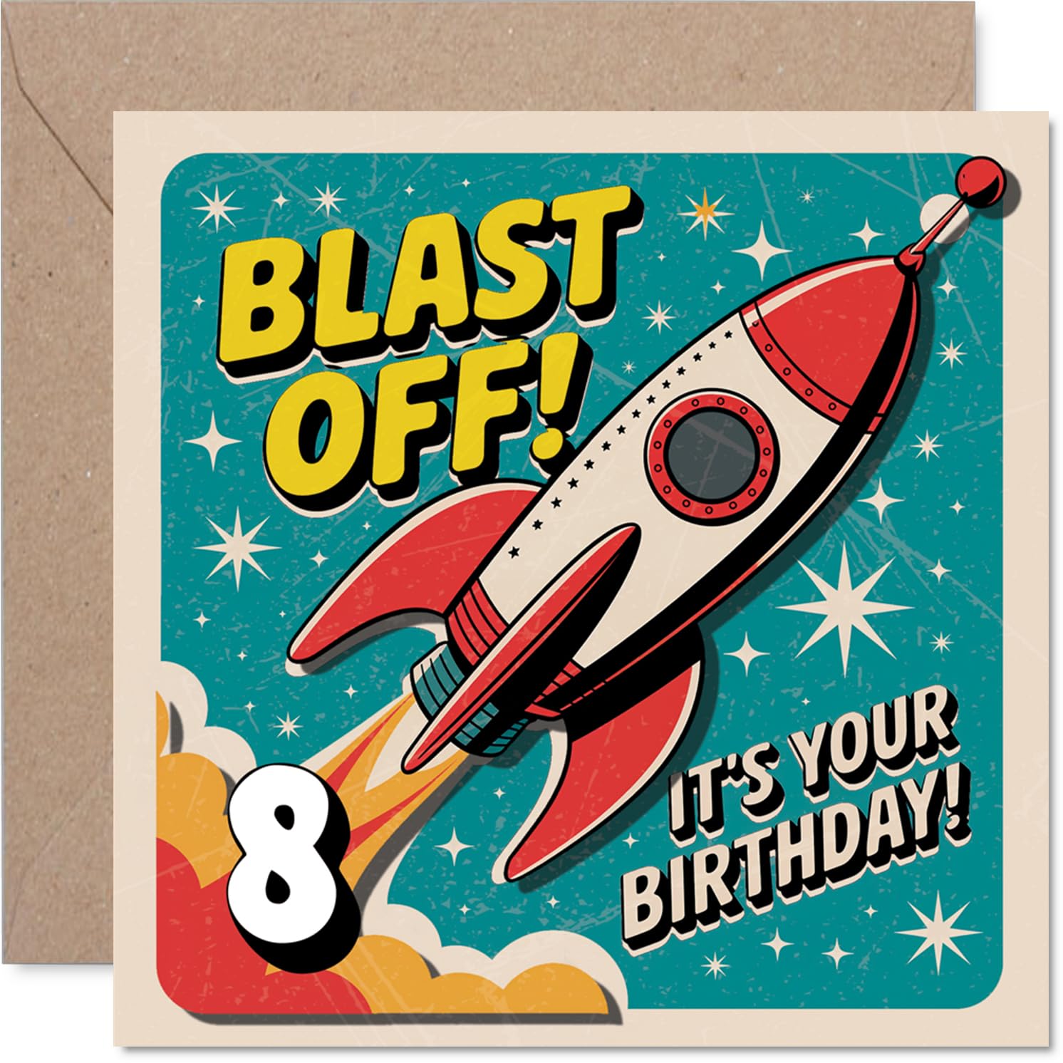 Playful 8th Birthday Card - Blast off into Birthday Fun - Vibrant Rocket and Space Theme with Bold 8 Design - Bursting with Colour and Excitement - 145mm Square, Envelope Included