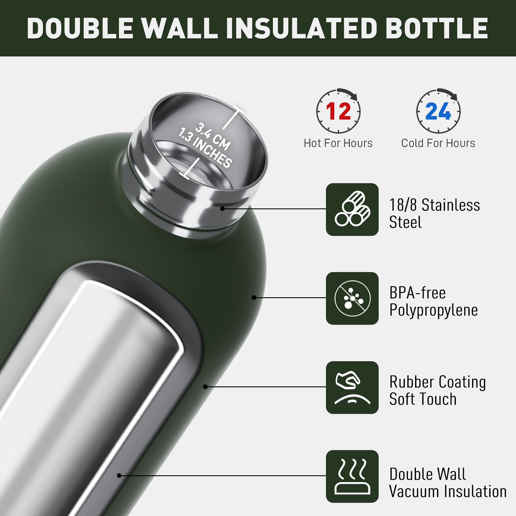 Exllena Borraccia Termica 750 ml con Maniglia e Moschettone - Bottiglia Termica 750ml Mantenere Calore/Freddo - Senza BPA - 100% A Tenuta Stagna per Escursioni, Campeggio, Viaggi...(Verde Pino)