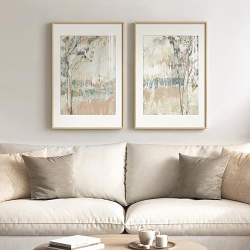 Framed Neutral Abstract Landscape Wall Art for Bedroom, Set of 2 Tree Canvas Large Artwork for Living Room Walls, Modern Nature Scenic Paintings Prints for Office Hallway Home Wall Decor, 20x30 Inch
