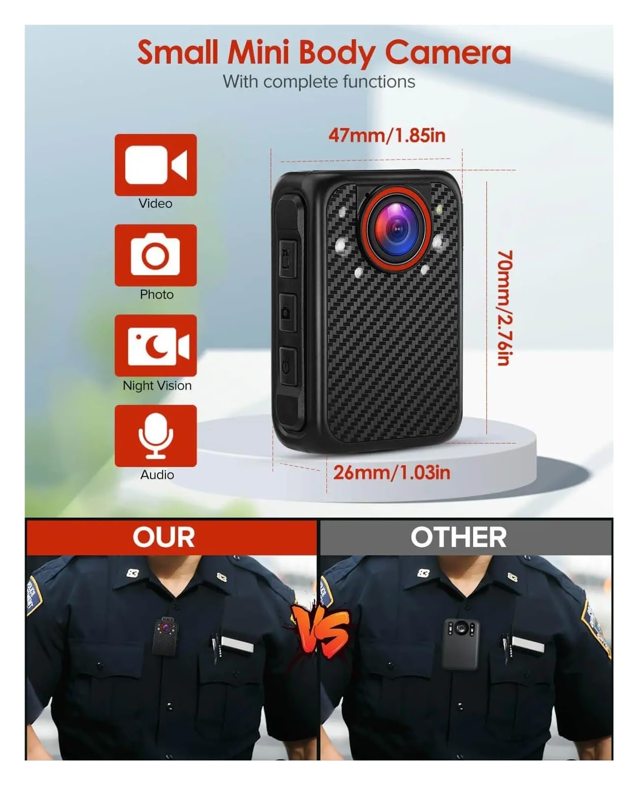 Kamera nasobna, X1 Mini kamera korpusowa Full 1080p przenośna kamera korpusowa karta SD do 128 GB noktowizor funkcja czerwonego/niebieskiego światła mała kamera(Only Camera)