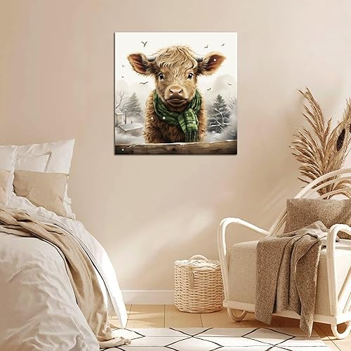 Miniatura 4 de Un becerro de las tierras altas con un sombrero y bufanda de lana a cuadros verdes, póster, pintura decorativa, lienzo, arte de pared, póster de