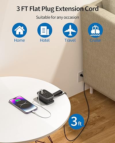 Miniatura 5 de NTONPOWER Regleta de alimentación pequeña portátil de viaje con cable de extensión de enchufe plano envuelto de 3 pies, 2 tomas de corriente, 3