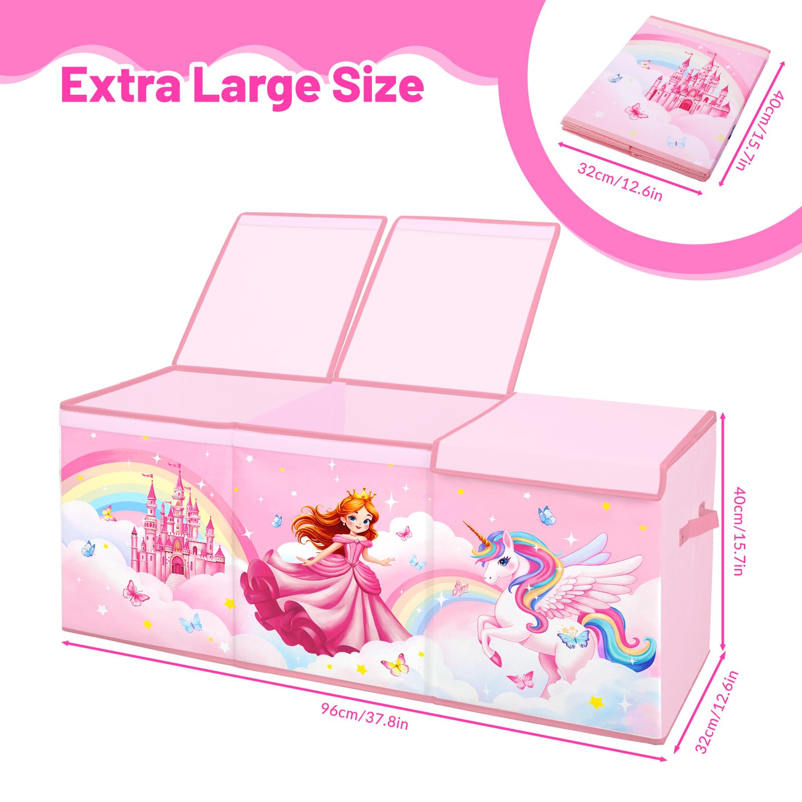 Boîte Rangement Coffre de Jouet,Grand Boîte à jouets avec Couvercle et Poignées pour Enfants Garçons Filles,Pliable Boîte de Rangement Adaptée Aux Chambre, Salle De Jeux,Princesse Licorne