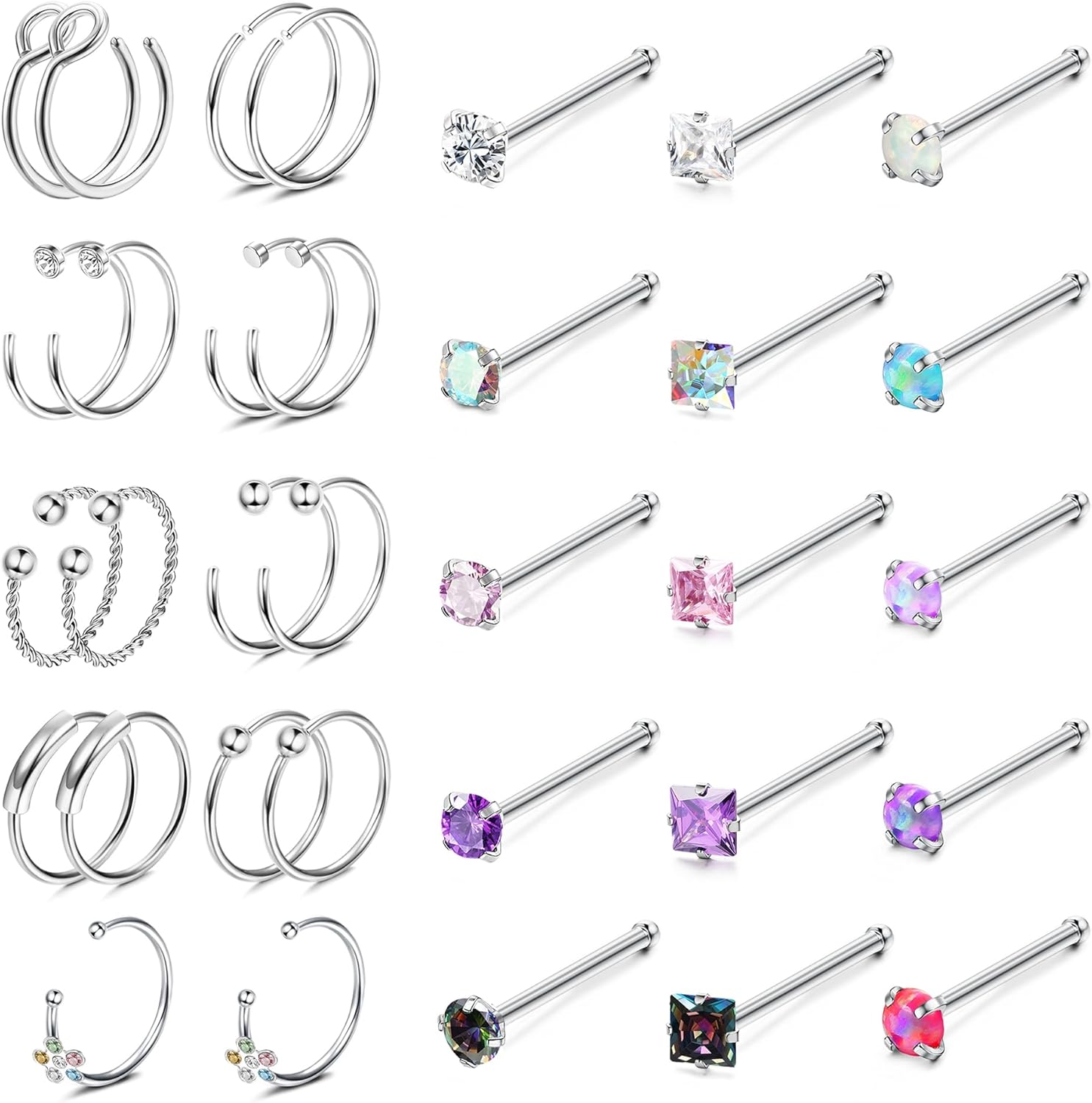 YADOCA 33Pcs 20G Nose Rings Studs for Women Men Hypoallergenic Surgical Steel L