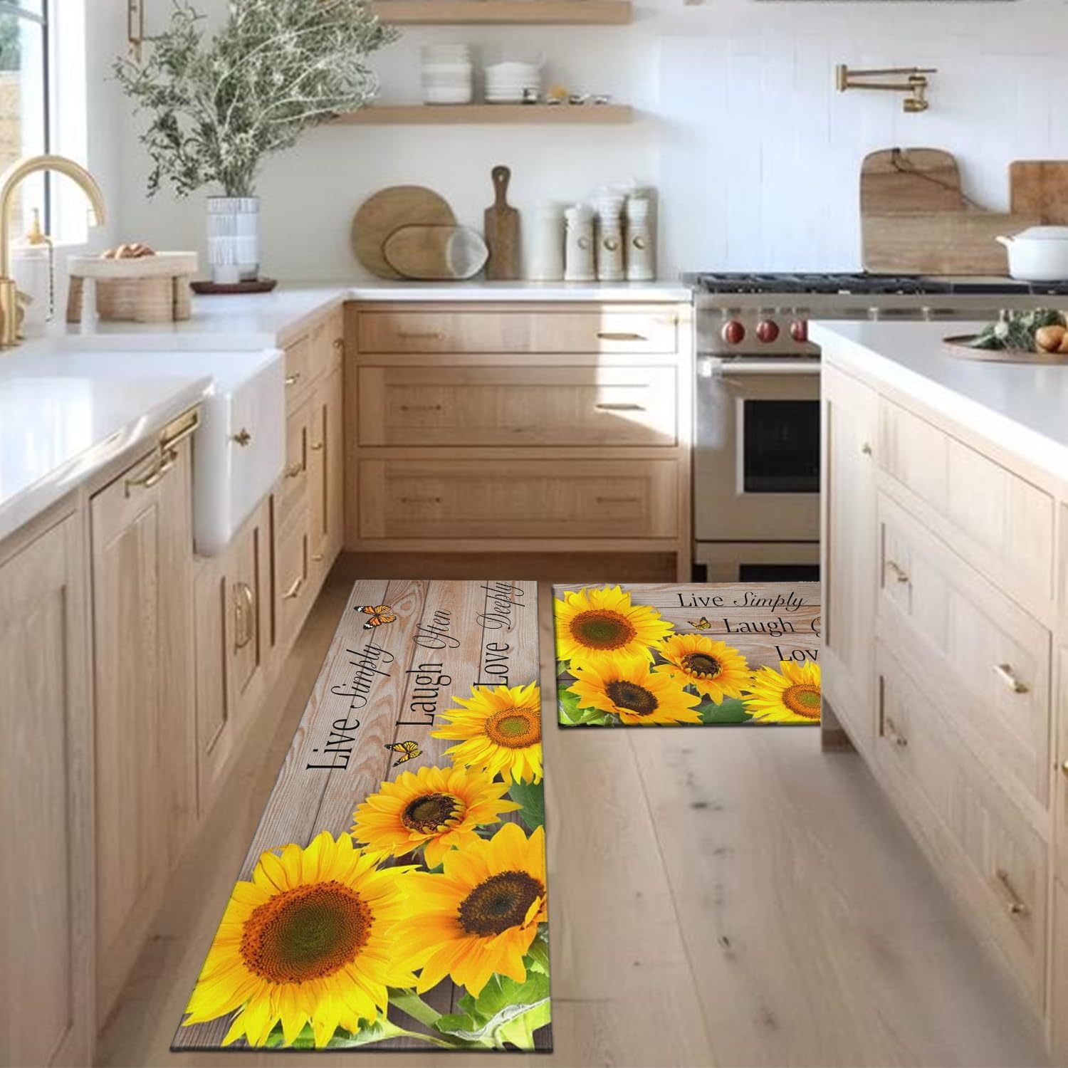 Sunflower Kitchen Rugs Set of 2, Farmhouse Kitchen Mats Non-Slip Washable, Sunflower Kitchen Decor Floor Mats for Kitchen Sink Laundry Room, 17x30+17x47 Inch Yellow