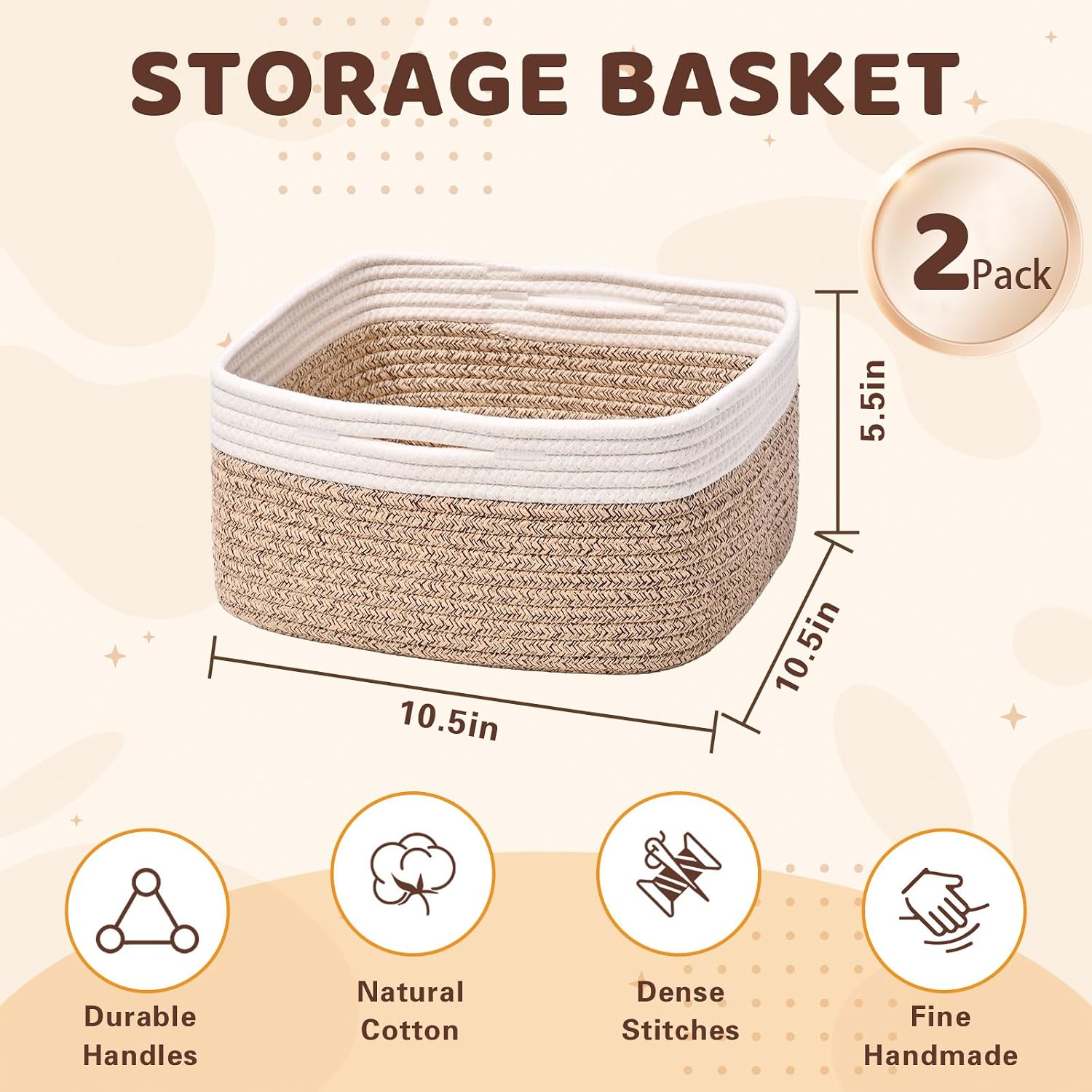 Storage Baskets for Shelves, 2 Pack Shallow Basket - 10.5" x 10.5" x 5.5", Rope Baskets for Organizing Toys, Snacks, Cube Storage Bins for Closet, Bedroom, Nursery, Brown & White