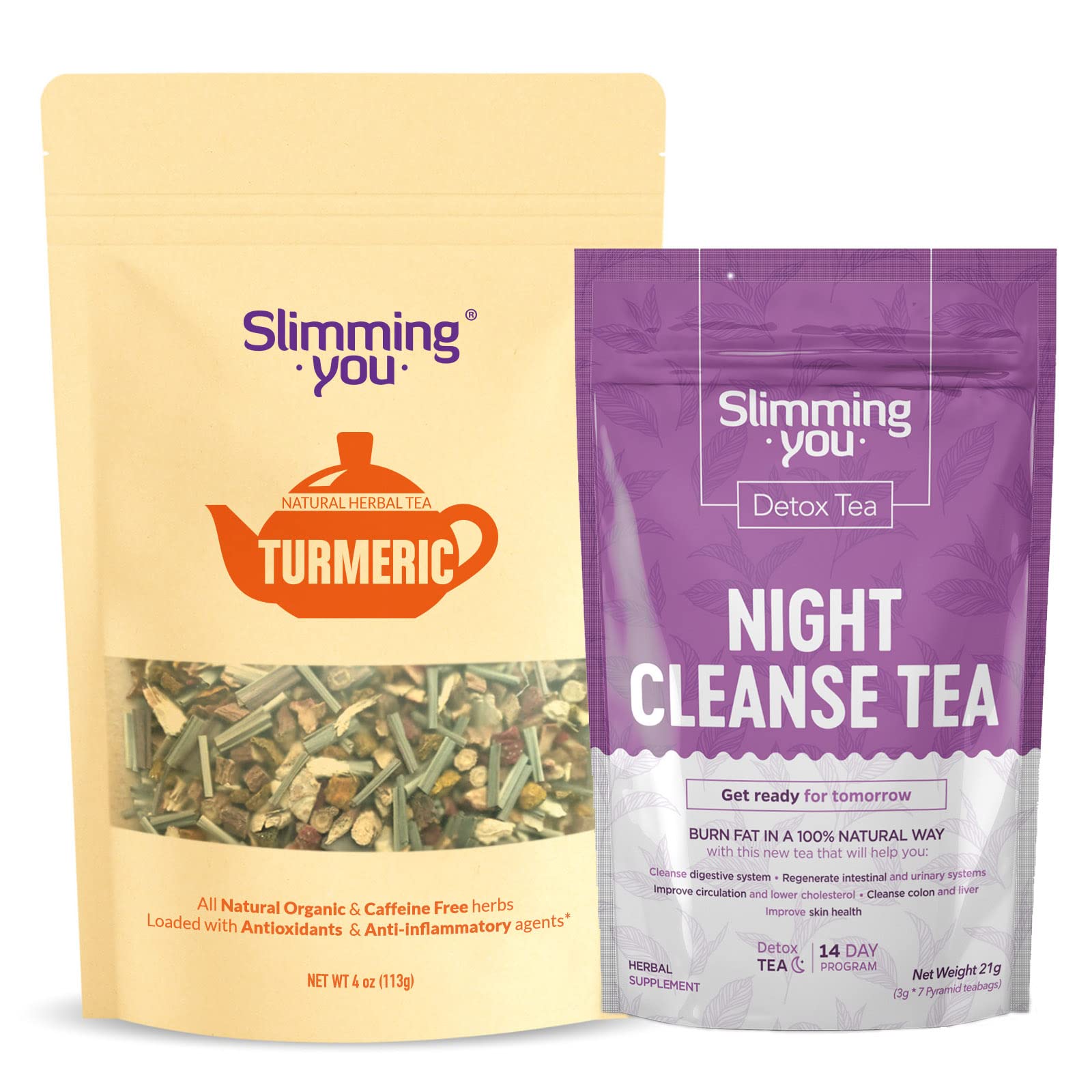 Herbal Tea Kit - 1 Night Cleanse Tea (7 Tea Bags) & 1 Turmeric Ginger Tea (4 Oz), for Immune Boost & Joint Health Support, 100% Natural