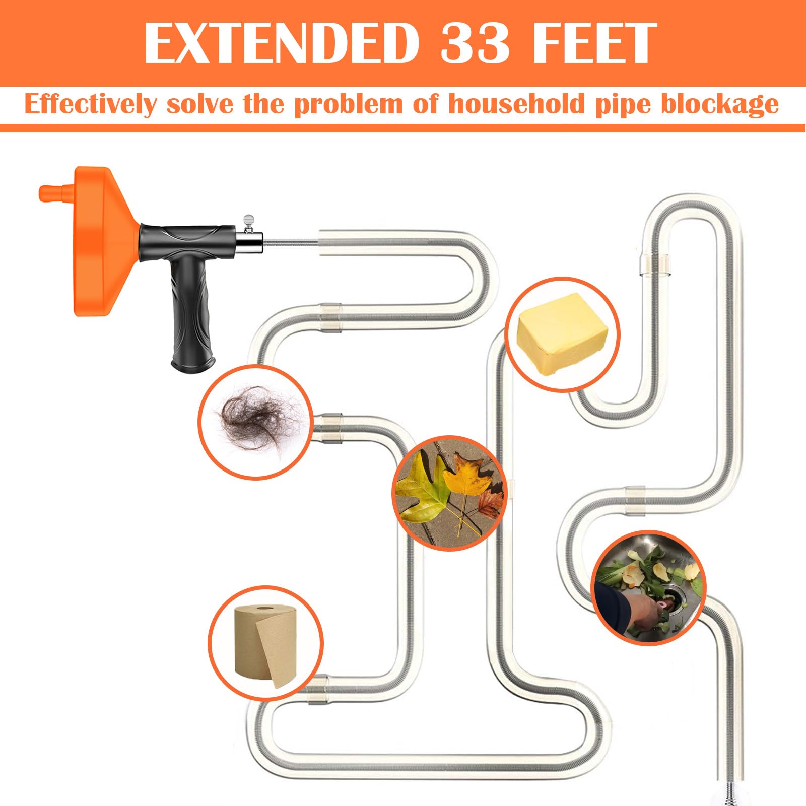 33 Ft Drain Snake Auger, Heavy Duty Plumbing Snake for Toilet, Sink, Tub, and Shower, Clog Remover Drain Cleaner Tool with Gloves - 3