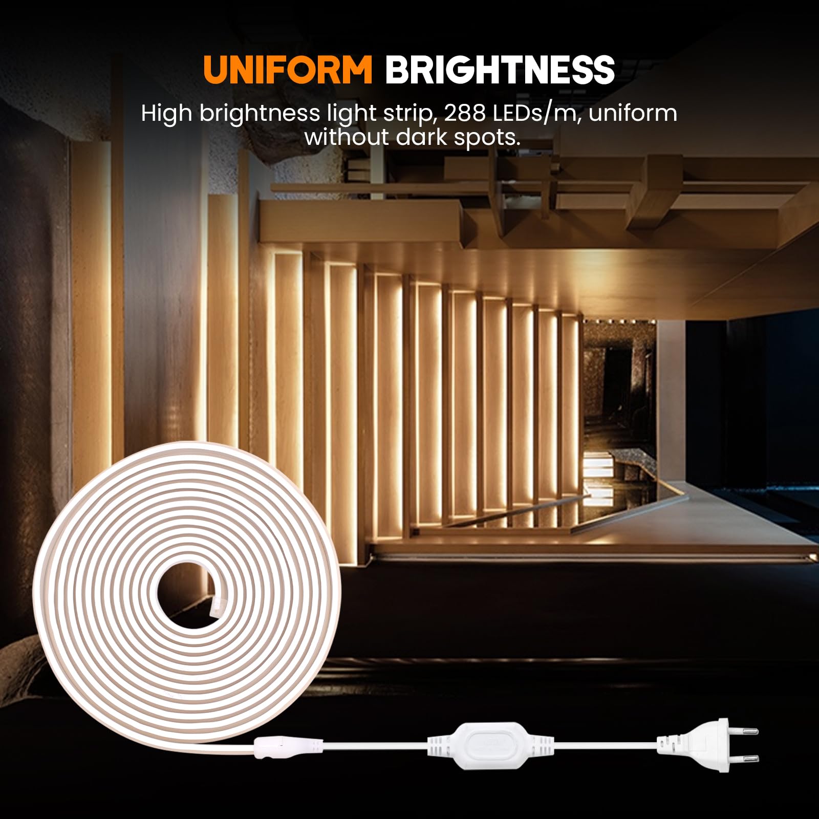 Striscia LED COB 220V, IP65 Impermeabile Flessibile, 288 LED/m 40m Bianco Caldo 3000K Striscia Neon LED FCOB Super Luminosa CRI90+, Può essere tagliata ogni 50 cm