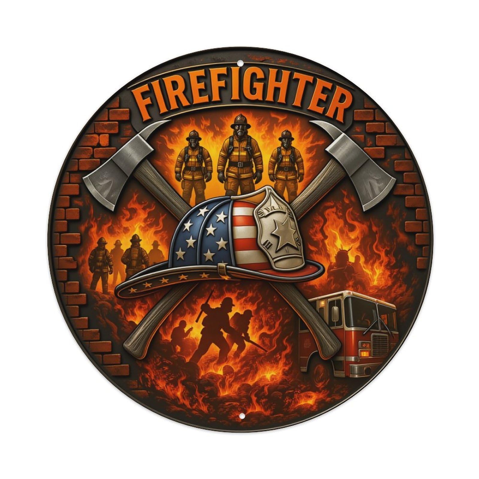 Firefighter Helmet Axes Flames Bricks Round Tin Sign Vintage Metal Poster, Home Bar Garage Man Cave Cafe Indoor & Outdoor Wall Decoration 8x8Inches
