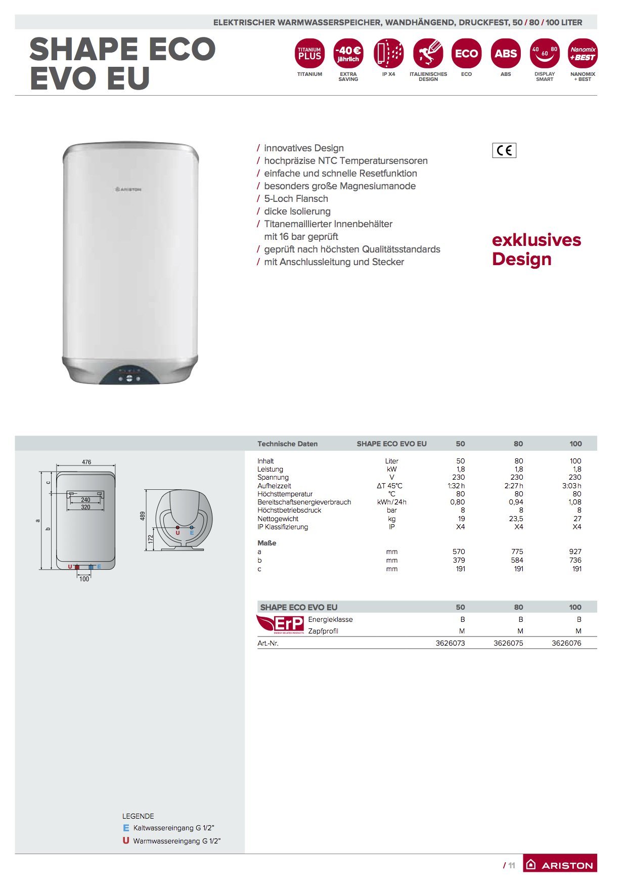 ARISTON SHAPE ECO EVO 50 litrów zbiornik ścienny bojler kwadratowy zbiornik