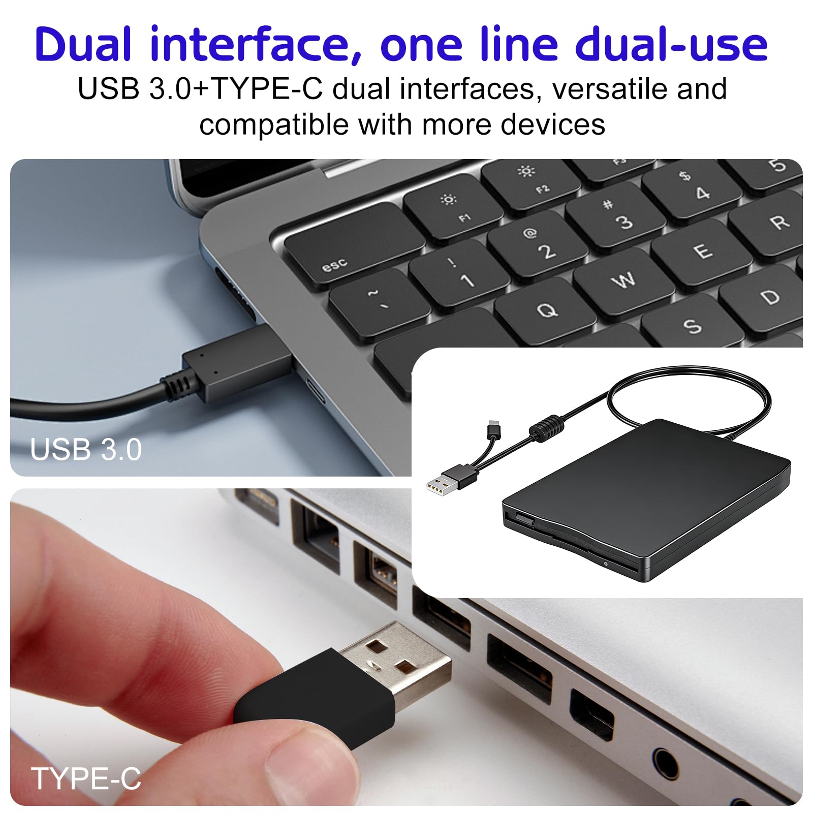 GBKDQQ Unidad de disquete externa USB portátil FDD 1,44 MB 3,5 pulgadas: Slimline Floppy Disk Drive Lector de tarjetas externas Accesorios de ordenador Extraíble Externo Compatible con PC y MAC, Plug
