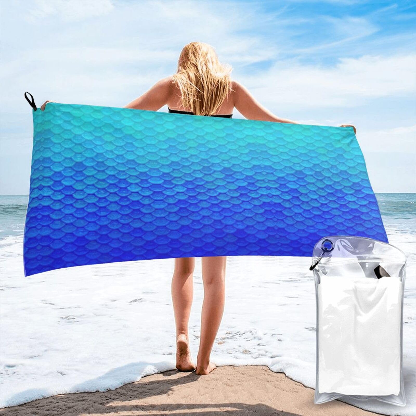 SDEGTHO Ocean Sea Blue Mermaid Fish Scale Print Beach Towel Quick Dry Portable For Swimming Yoga Adults Fitness