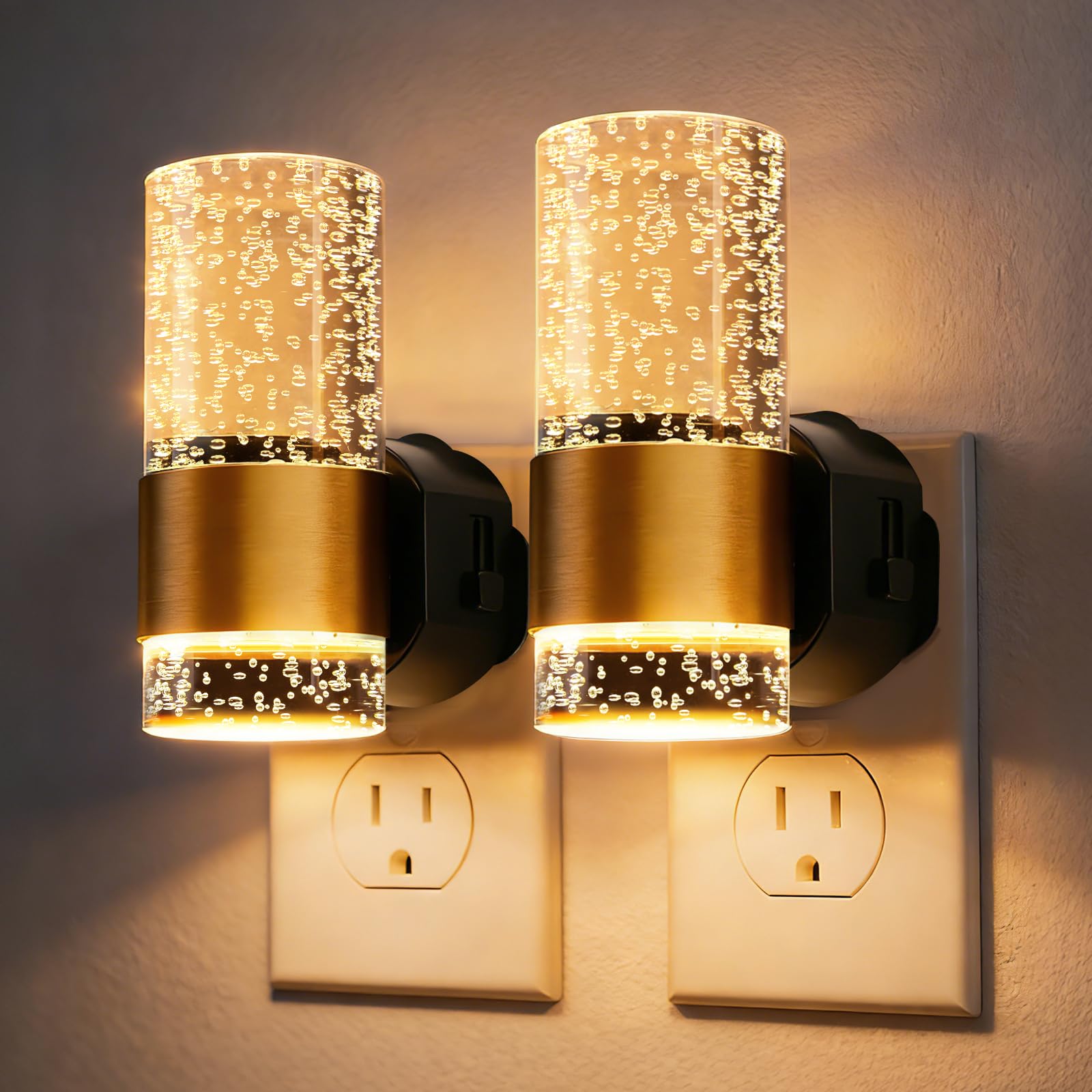 Night Light Plug in Wall, 2Pack Plug in Wall Light with Dusk to Dawn Sensor, 0-100LM Dimmable, Acrylic Bubble Plugin Wall Light, Modern Nightlight for Bedroom, Hallway, Stair, Bathroom
