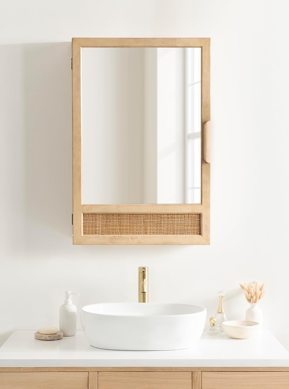 Kate and Laurel Ori Decorative Modern Rectangle Rattan Bathroom Cabinet with Mirror, 20 x 6 x 30, Natural, Woven Cane Bathroom Mirror with Storage for Bath Medicine Cabinet or Over-the-Toilet Storage