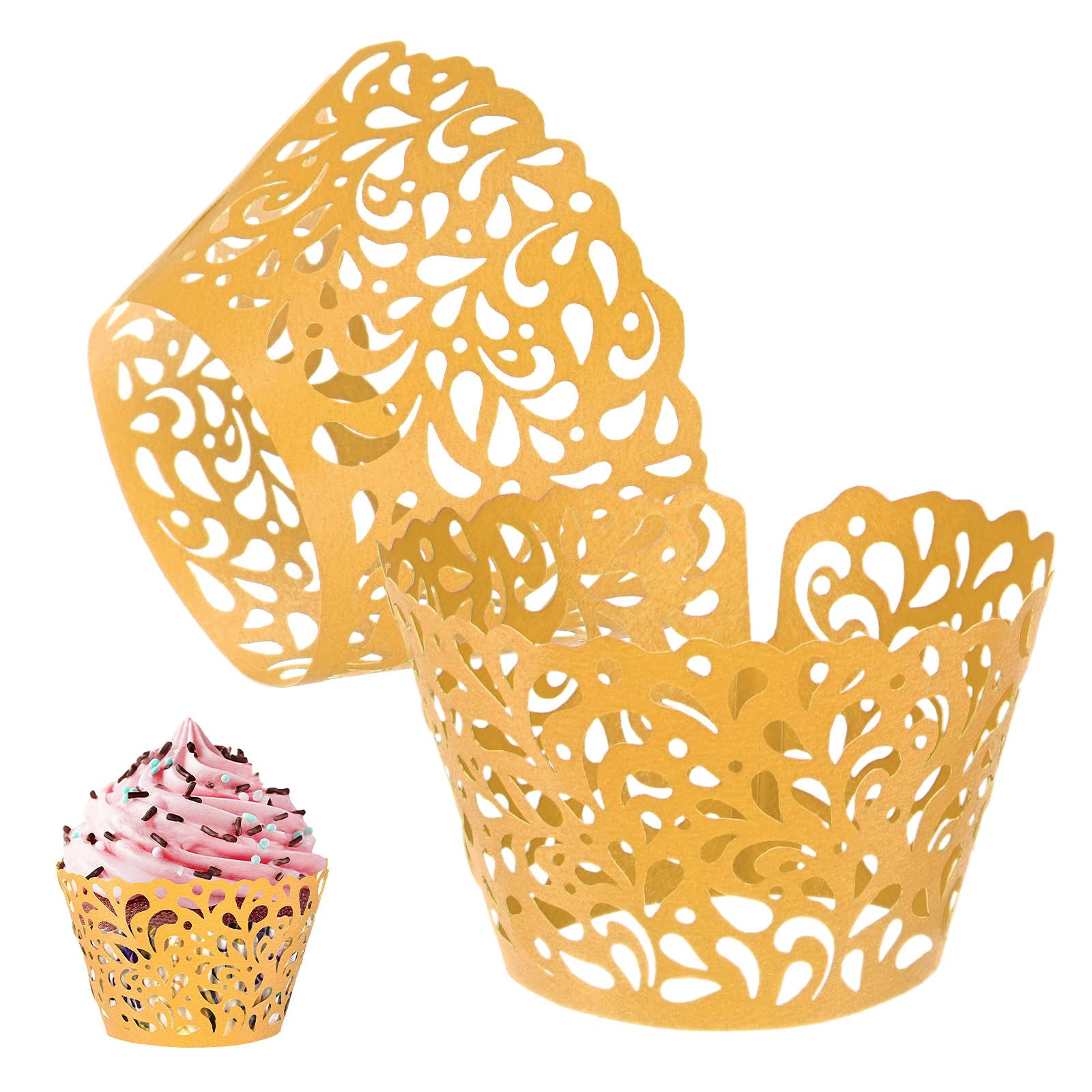 M METERXITY 50-Pack Cupcake Wrappers, Pearlescent Art Paper, Water Drop Lace Hollow Out Cupcake Liners for Wedding/Birthday Party Decoration, Bake Cake Paper[Gold Tone]